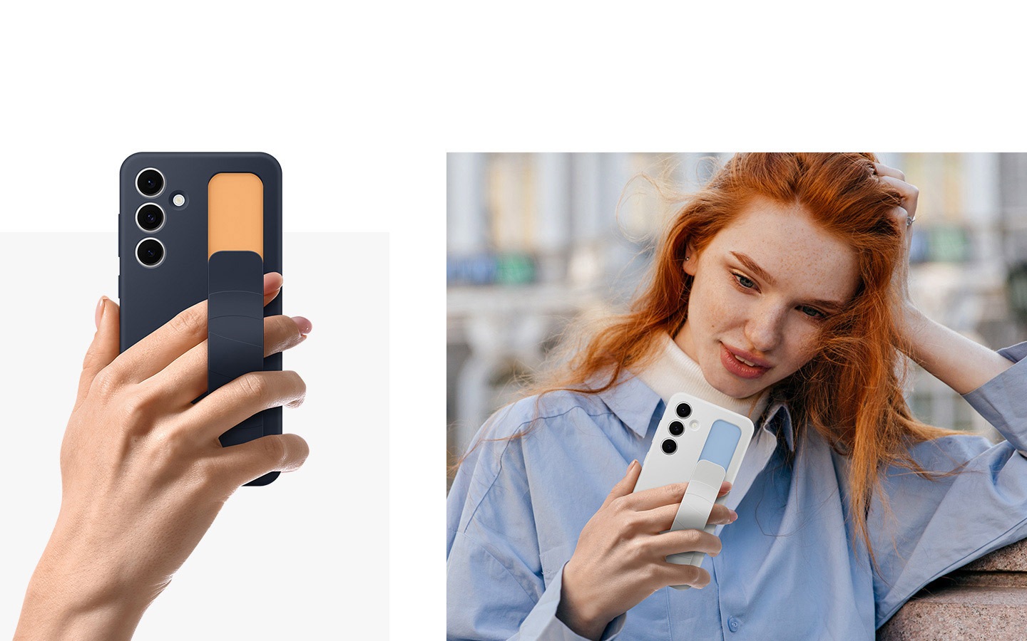 Una mujer sostiene cómodamente un Galaxy S24 FE con una cubierta de agarre vertical en Gray contra su oreja, sonriendo mientras disfruta de una llamada telefónica. Una mano sostiene un Galaxy S24 FE en una cubierta de agarre vertical en Blue Black.