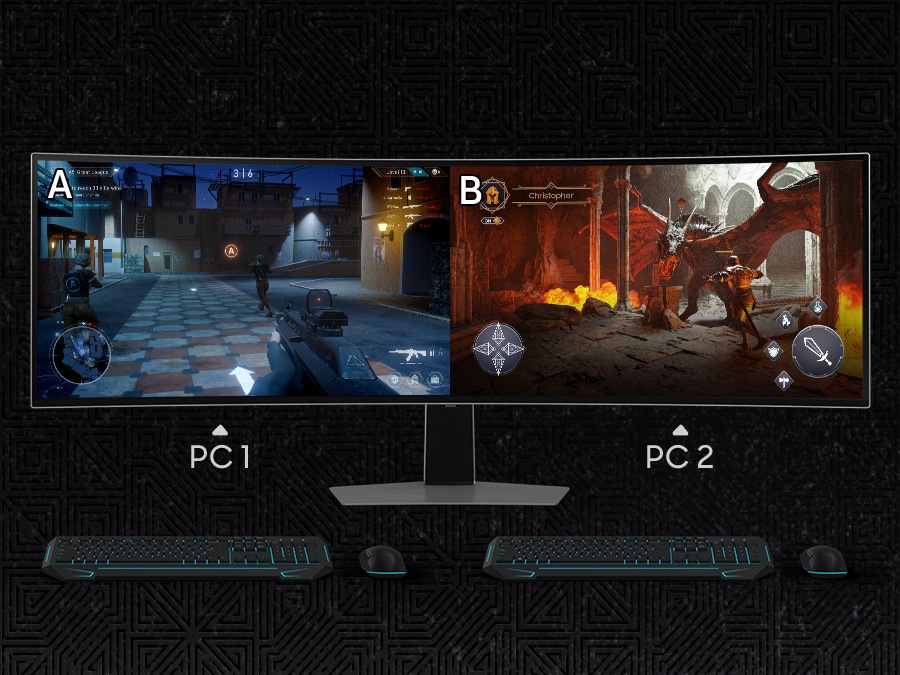 La pantalla del monitor Odyssey se divide en tres secciones. En el lado izquierdo de la pantalla, marcado como sección A, se está jugando un juego, conectado con PC 1. En el lado derecho, marcado como sección B, se está jugando otro juego conectado con PC 2. Frente al monitor, hay dos conjuntos de teclado y mouse.