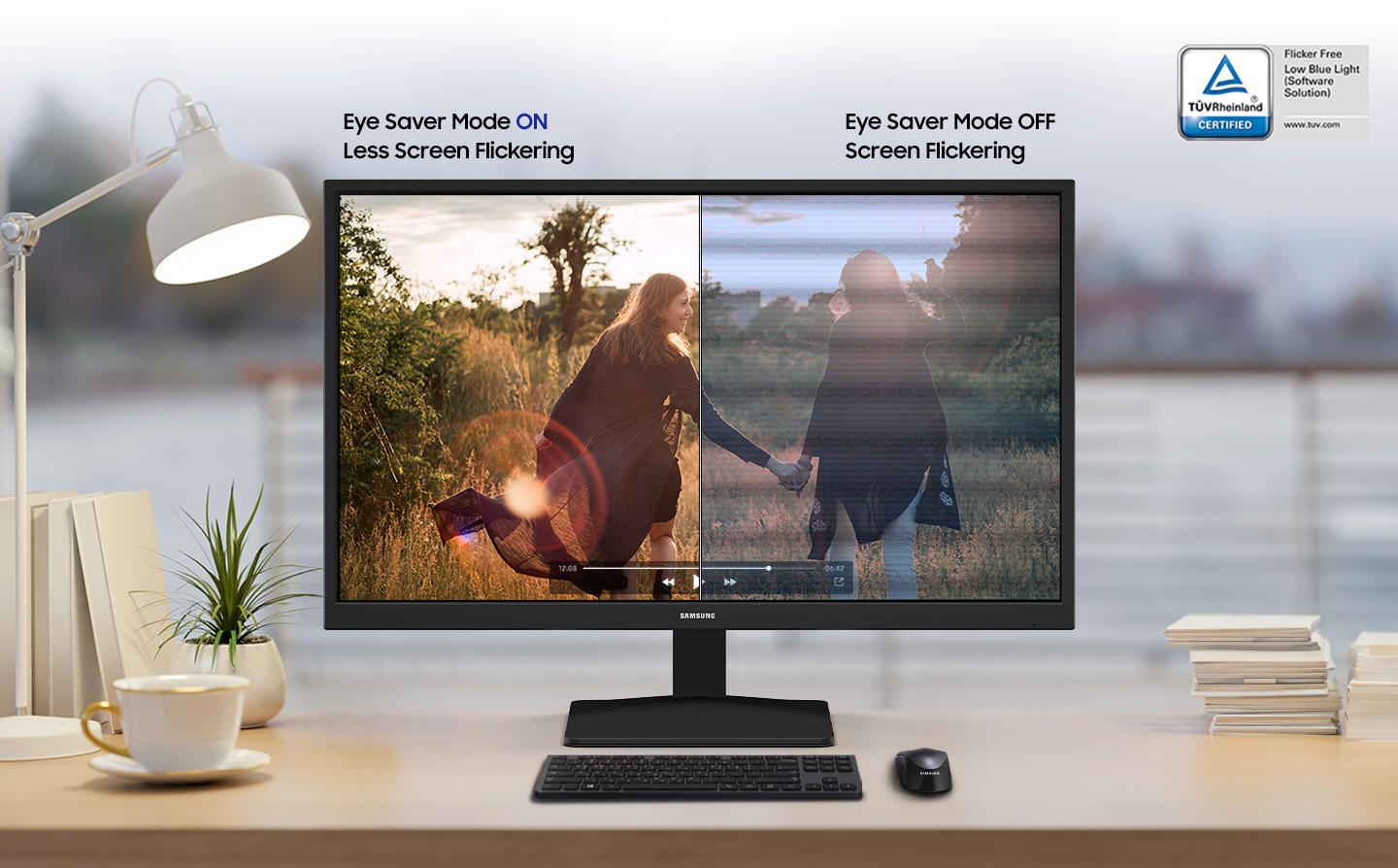 Hay un monitor y su pantalla está dividida por la mitad. El lado derecho parpadea y emite luz azul, ya que el Modo de Ahorro de Ojos está desactivado. El lado izquierdo parpadea menos y no emite luz azul ya que su Modo de Ahorro de Ojos está activado. Encima, hay un logotipo de certificación TUV para Flicker Free and Low Blue Light(Software Solution) con www.tuv.com.