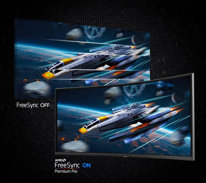 Dos pantallas muestran una nave espacial en el espacio. Con FreeSync desactivado, la imagen se ve más entrecortada que con AMD FreeSync Premium Pro activado.