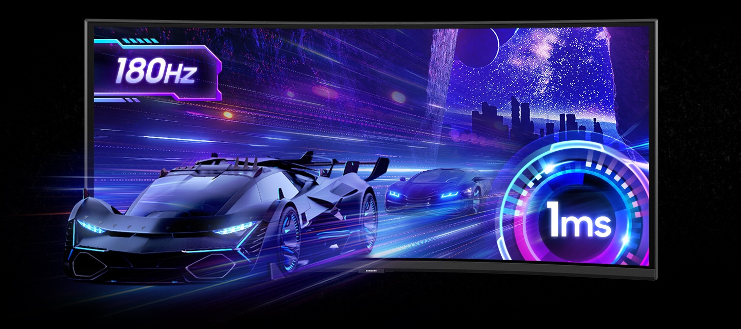 Un coche de carreras sale disparado de la pantalla con otro coche siguiéndole de cerca. Frecuencia de actualización de 180 Hz y tiempo de respuesta de 1 ms.