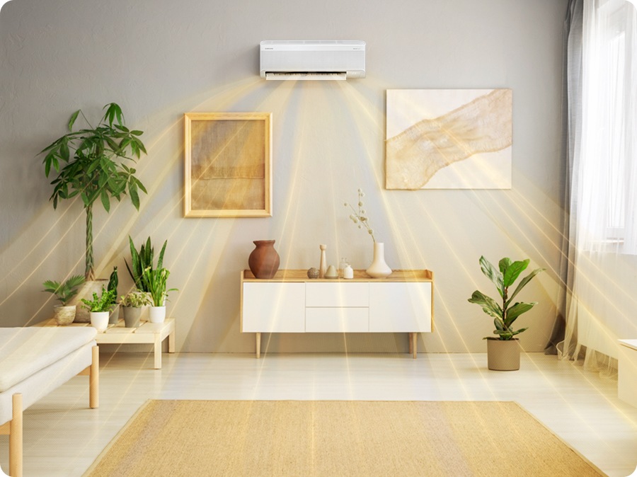 Living calefaccionado con un aire Samsung WindFree