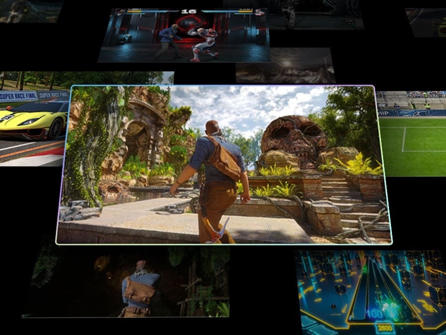 Escenas dispersas de juegos con una escena principal en el frente y el centro. “RPG” se detecta como su género, ya que luego se escanea en configuraciones óptimas mediante la tecnología con AI de Samsung. Luego, la pantalla cambia y se detecta “Racing” como el género de “Kart Rider Drift”, ya que también se escanea en configuraciones óptimas.