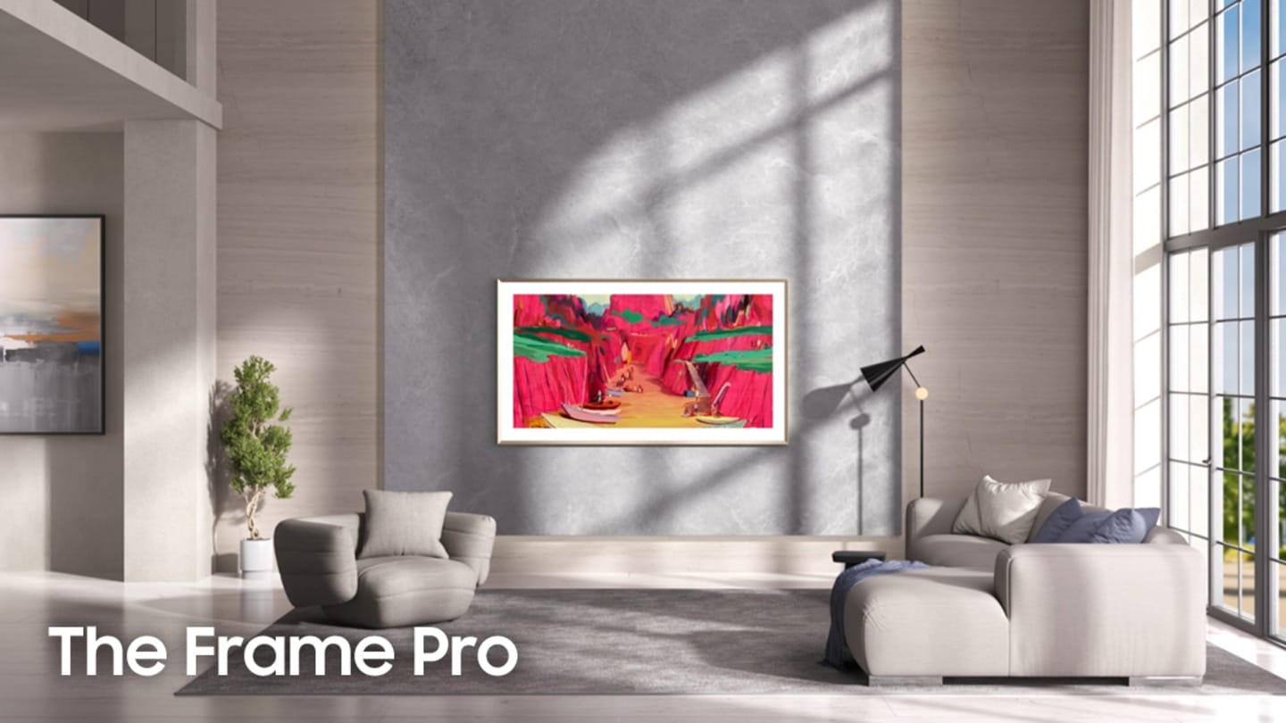 The Frame Pro. Art Mode. TV when it's on, art when it's off. Art Store. Certified works from top-tier galleries. Complimentary experience with 370+ free pieces available each year. Art Store Streams. Curated art collections by season and theme each month. Continuous updates. Modern Frame Design. Slim Fit Wall Mount. Ultra-slim bezels. Customizable Frame in 4 colors. Wireless One Connect. Transmission up to 10m. Artful Picture Quality. Matte Display. Limits reflections and glare. PANTONE Validated ArtfulColor logo. Richly nuanced expression. Neo QLED picture quality. Quantum Mini LED with Quantum Matrix Technology Slim. Neo Quantum HDR HDR10+ logo. Vivid colors with more detail. Motion Xcelerator 144Hz. Enhanced motion clarity. Samsung Vision AI. NQ4 AI Gen3 Processor. 4K AI Upscaling Pro 128 neural networks. Your content upscaled. Active Voice Amplifier Pro. Voice clarity optimization. Generative Wallpaper. Discover more at samsung.com. One UI Tizen OS upgrade for free. Samsung Logo.
