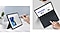 Una persona apunta con el S Pen a una Galaxy Tab S9 con un navegador web en pantalla, apoyado horizontalmente en ángulo con el Book Cover Keyboard. Vista superior de una persona utilizando el trackpad del Book Cover Keyboard para navegar por la aplicación Samsung Notes en la Galaxy Tab S9.