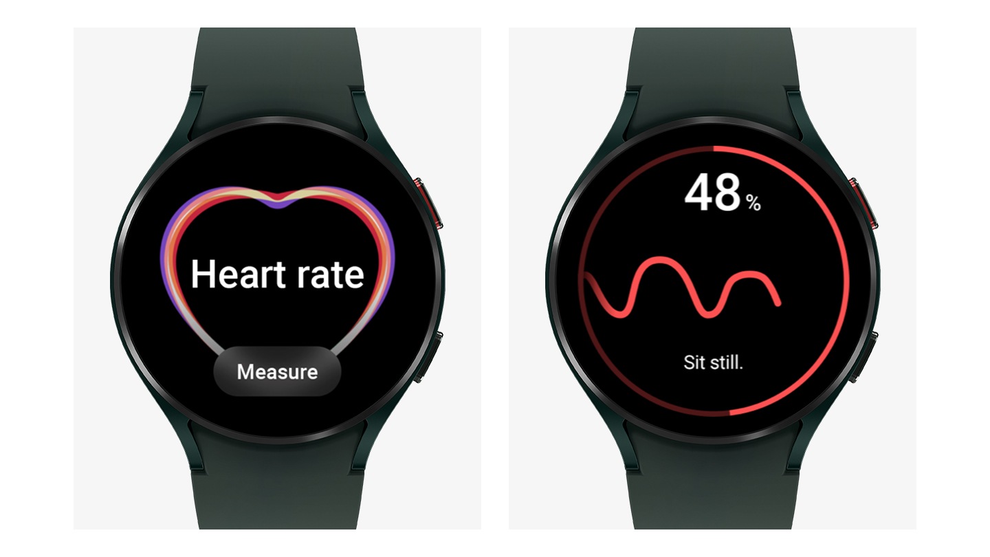 The front watch face of the Galaxy Watch4 device is measuring heart rate. Another watch face shows the heart rate measuring menu to the measurement interface.