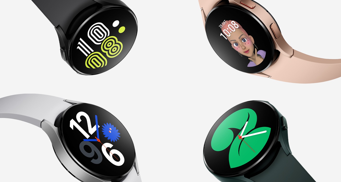 Four Galaxy Watch4 devices are grouped together, with each watch prominently showing different watch face styles to tell the time. Each watch is in a different color, from black, pink gold, green, to silver.