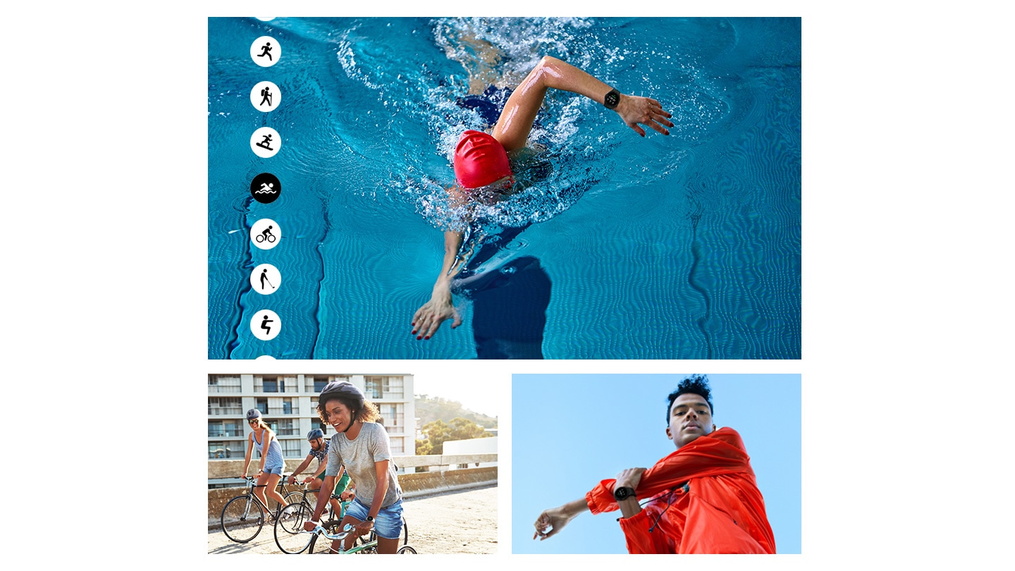 A swimming icon is highlighted and a woman is swimming in a pool while wearing a Galaxy Watch4 device. Two women and one man are enjoying a bicycle ride on a sunny day while wearing Galaxy Watch4 devices. A man is getting ready for a workout while wearing a black Galaxy Watch4 device on his wrist.