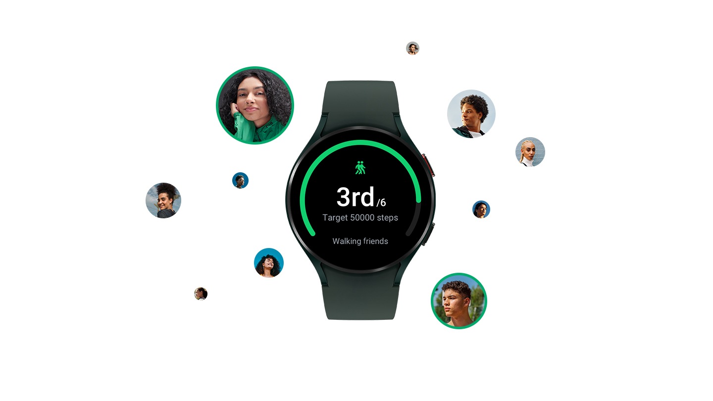 The front of a Galaxy Watch4 with a green band is shown, and its watch face displays "3rd place" in a walking Group Challenge with friends. Around the watch are diverse people cropped in a circle.