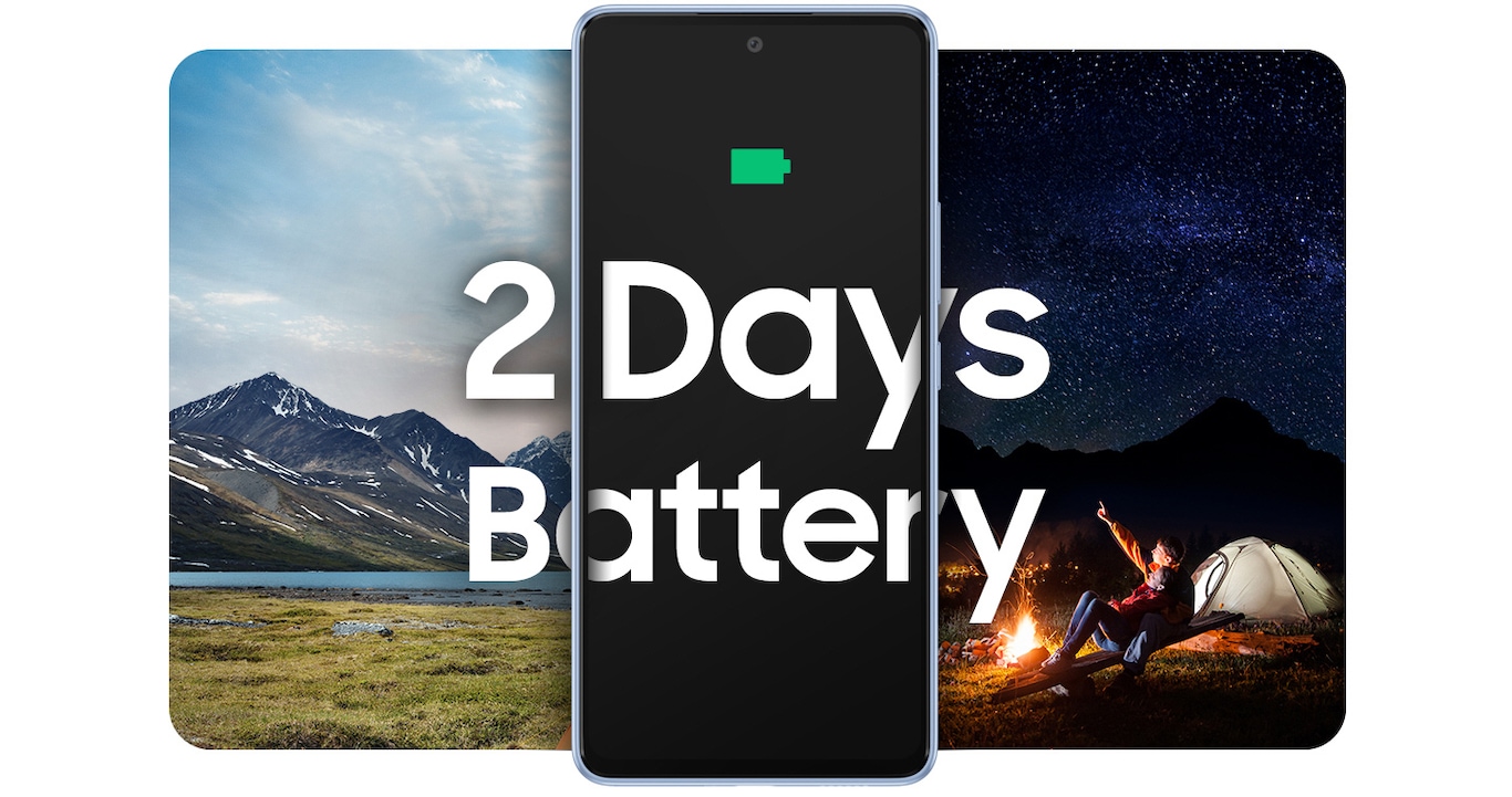 See Samsung A53 release dates & specs, read a review and compare the A53 camera and battery with other models. A Samsung Galaxy A53 5G is in between two landscape photos. On the left, shows a photo of a mountain. On the right, shows a man sitting with a campfire