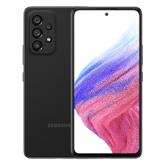 See price and pre-order Samsung Galaxy A53 5G in Awesome Black with promo comes with a 64MP OIS camera, 256GB & 8GB Ram, and a 5,000 mAh battery. Two Samsung Galaxy A53 5G devices in Awesome Black, one shows the front, and the other one shows its back