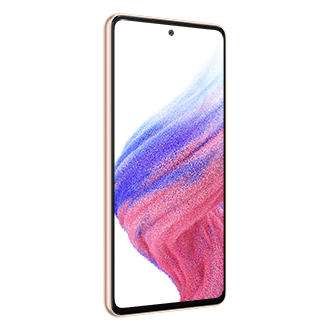 See price and pre-order Samsung Galaxy A53 5G in Awesome Peach with a promo that comes with 128GB & 8GB Ram, an OIS camera, and a 2-day last long battery. The l30-front Awesome Peach Samsung Galaxy A53 5G