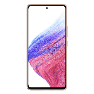 View price and pre-order Samsung Galaxy A53 5G in Awesome Peach with a promo that comes with an OIS camera, a 2-day last long battery, and 128GB & 8GB Ram. The front Awesome Peach Samsung Galaxy A53 5G shows its 6.5-inch screen