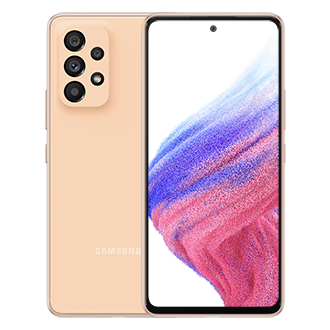 View price and buy Samsung Galaxy A53 5G in Awesome Peach with a promo that comes with an OIS camera, a 2-day last long battery, and 256GB & 8GB Ram. Two Awesome Peach Samsung Galaxy A53 5G devices, one shows the front, and the other one shows its rear