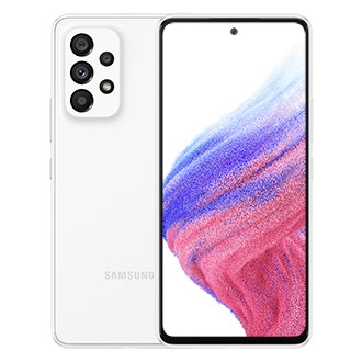 View price and pre-order Samsung Galaxy A53 5G with promo. A 128GB & 6GB Ram Samsung smartphone with a 64MP OIS camera and a 2-day last long battery. Two Samsung Galaxy A53 5G devices in Awesome White, one shows the front, the other one shows the back
