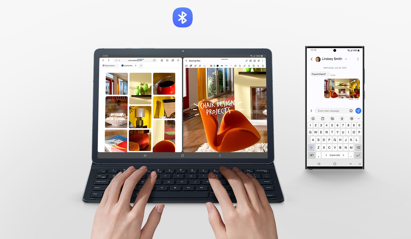 A person is using Galaxy Tab S9 with the Book Cover Keyboard Slim. Its screen is divided into two windows with several image results of home furniture on the web, and one of the images being edited. A Galaxy smartphone with the image on the screen while letters are being typed with the cover's keyboard. Bluetooth logo is shown.