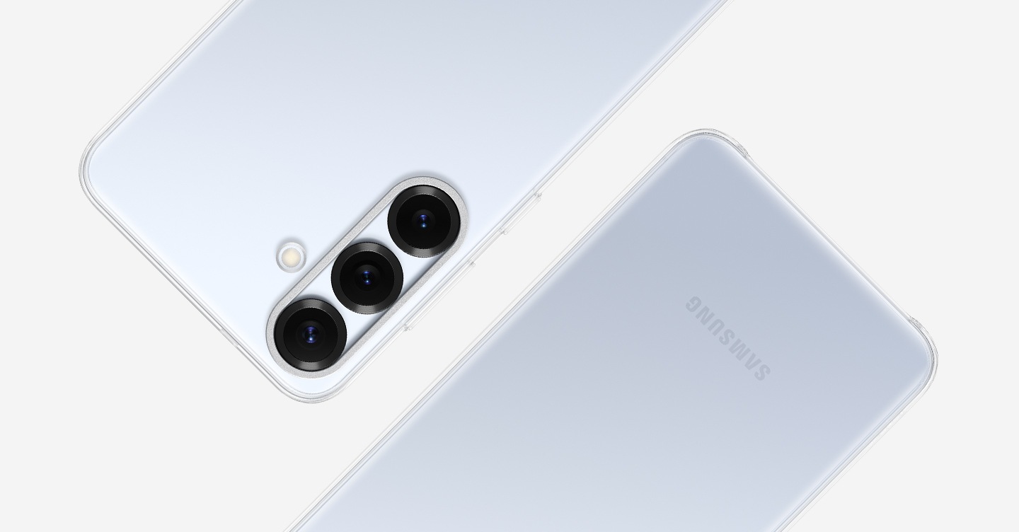 Galaxy S25+ devices with the Clear Case installed are shown from bird's eye-view.