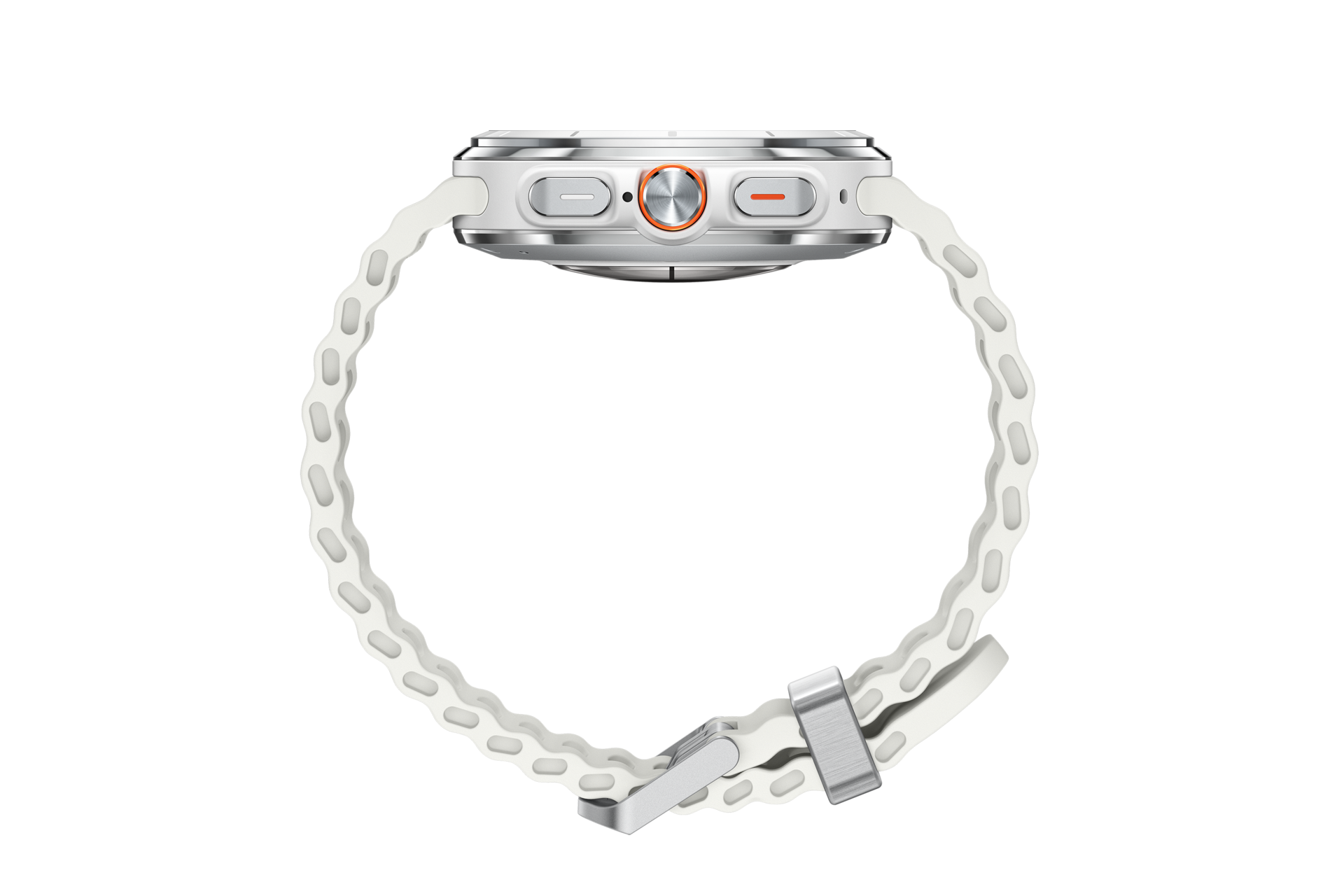 This image features the Samsung Galaxy Watch Ultra 2025, model L705faw, viewed from the side. The modern smartwatch has a sleek silver case, three buttons, one in vibrant orange, and a textured white band secured with a silver clasp.