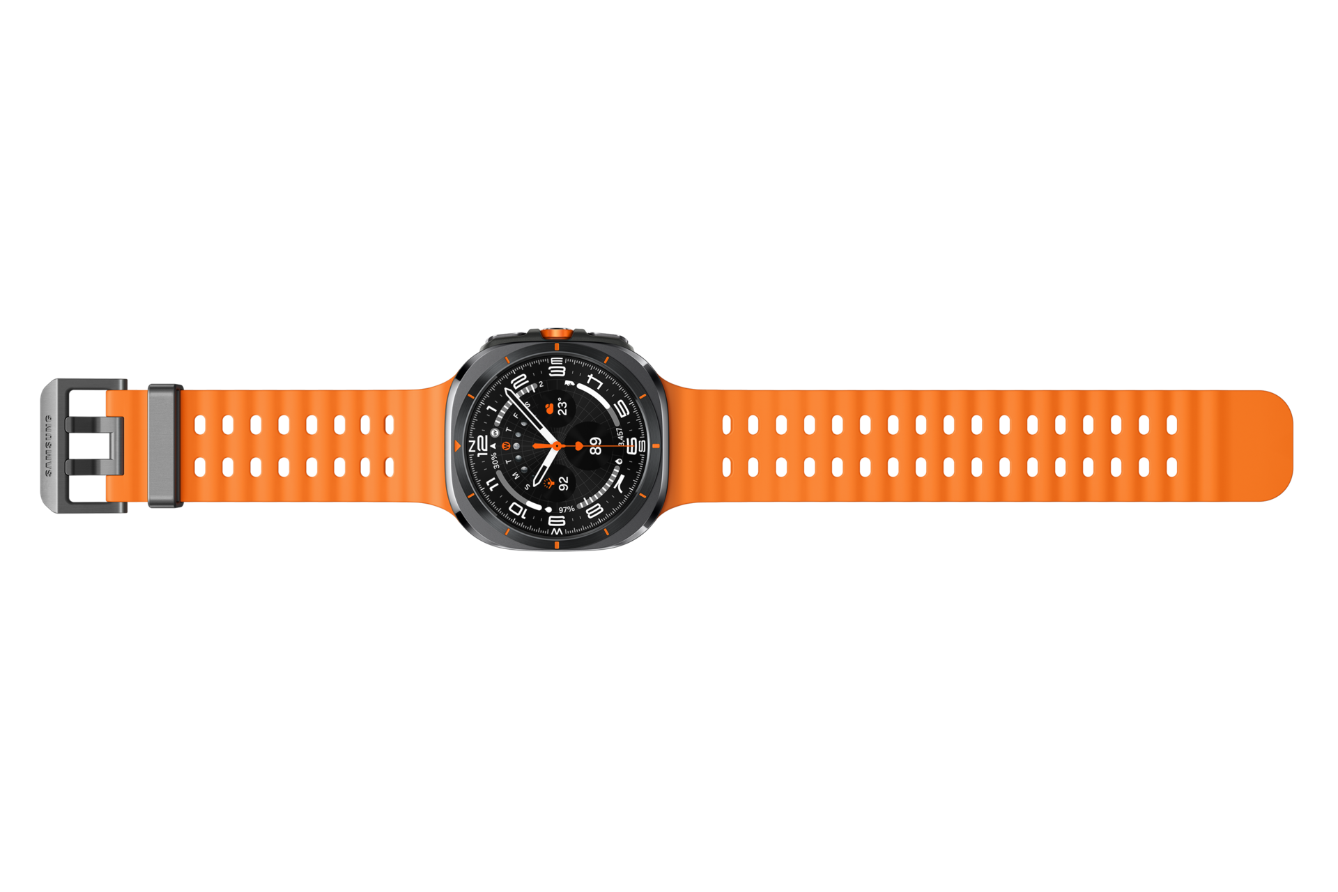 This image showcases the Samsung Galaxy Watch Ultra 2025, model L705fza, featuring a sporty design with a black circular face and a vibrant orange silicone strap that has ventilation holes.