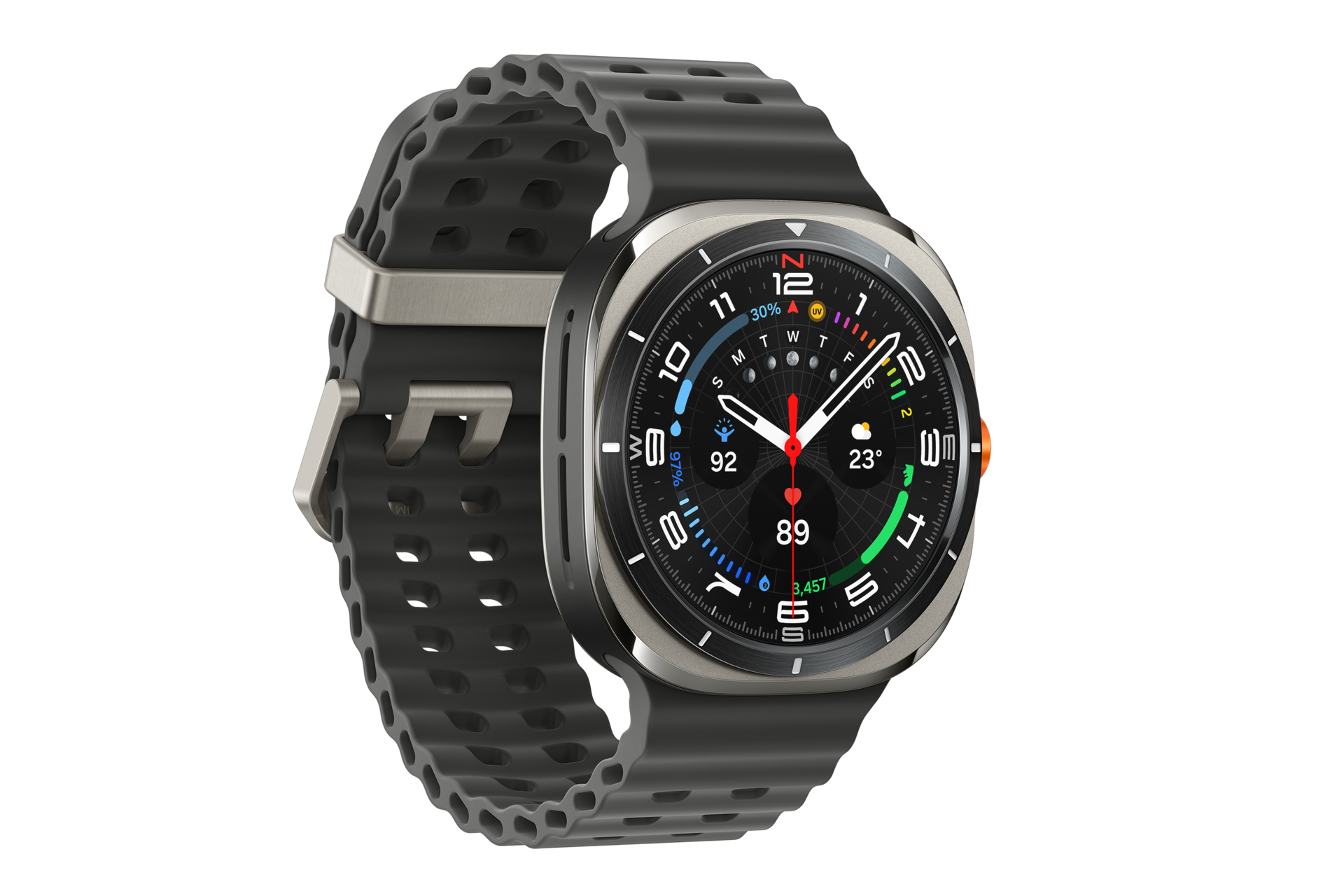 The image showcases a Samsung Galaxy Watch Ultra 2025, model L705fzs, featuring a sleek 47mm metallic case and a comfortable black rubber strap. The vibrant watch face displays critical metrics such as heart rate, steps, temperature, and UV index.