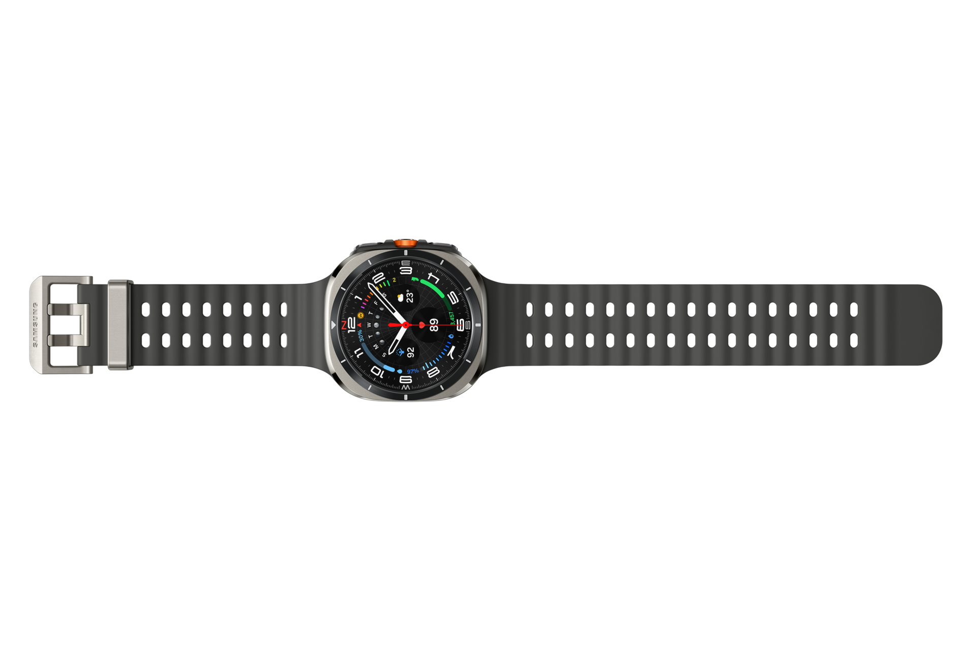The image showcases the Samsung Galaxy Watch Ultra 2025, model L705fzs, which features a sleek design with a black silicone strap and a stainless steel buckle.