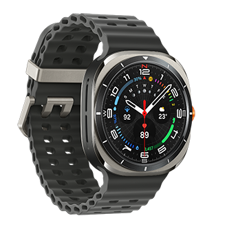 The image showcases a Samsung Galaxy Watch Ultra 2025, model L705fzs, featuring a sleek 47mm metallic case and a comfortable black rubber strap. The vibrant watch face displays critical metrics such as heart rate, steps, temperature, and UV index.