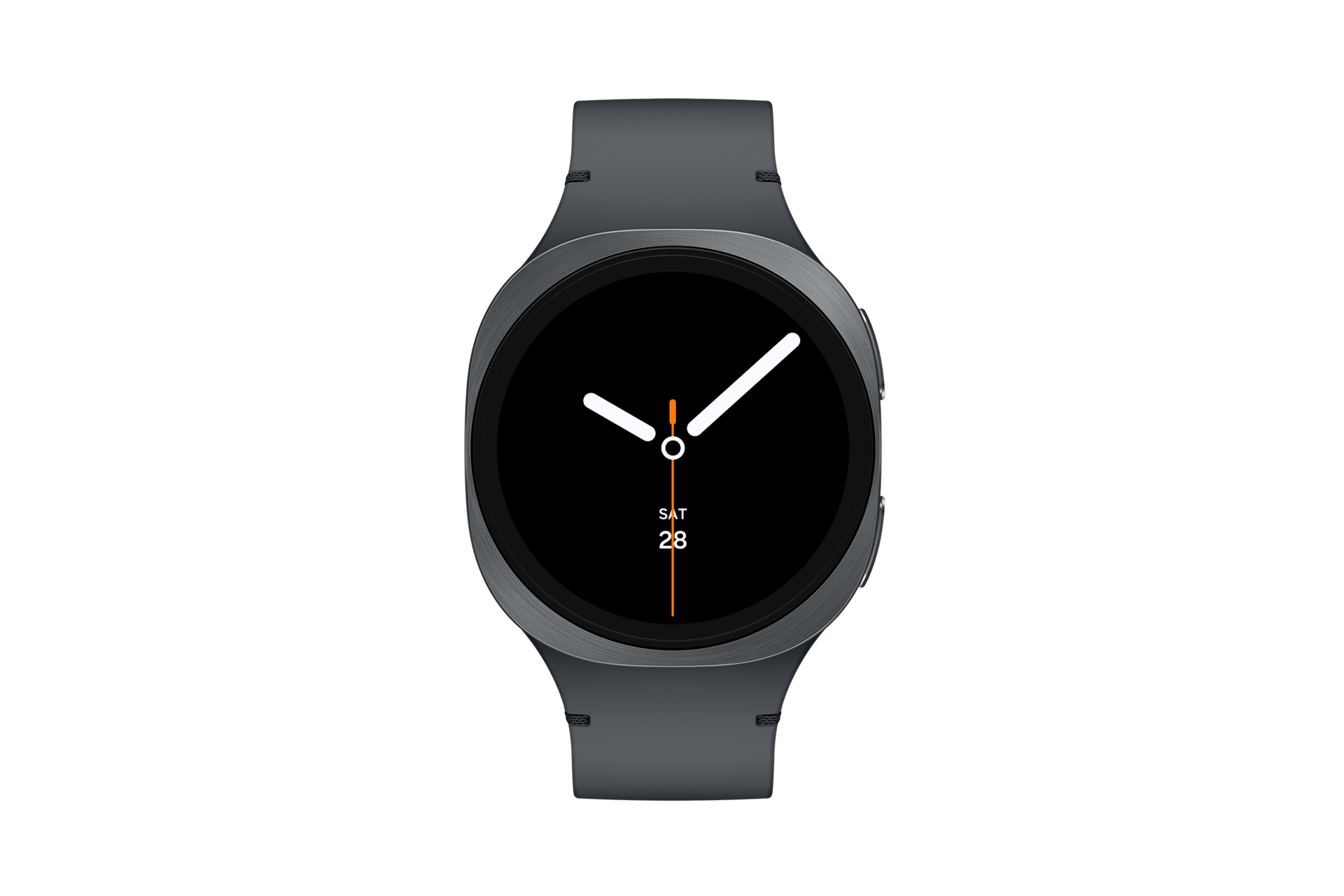 A sleek black Samsung Galaxy Watch8 is displayed from a front view, featuring a minimalist round face. The face showcases white hour and minute hands with an orange second hand, while the date reads SAT 28 at the bottom against a dark background.