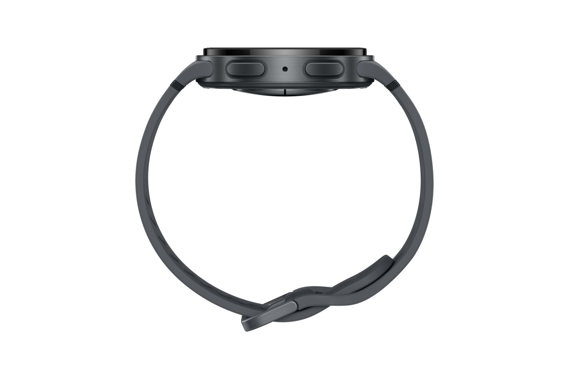 A sleek black Samsung Galaxy Watch8 is displayed from the side, showcasing its round watch face and textured buttons. This modern smartwatch features a flexible gray strap that loops around, emphasizing both functionality and style.