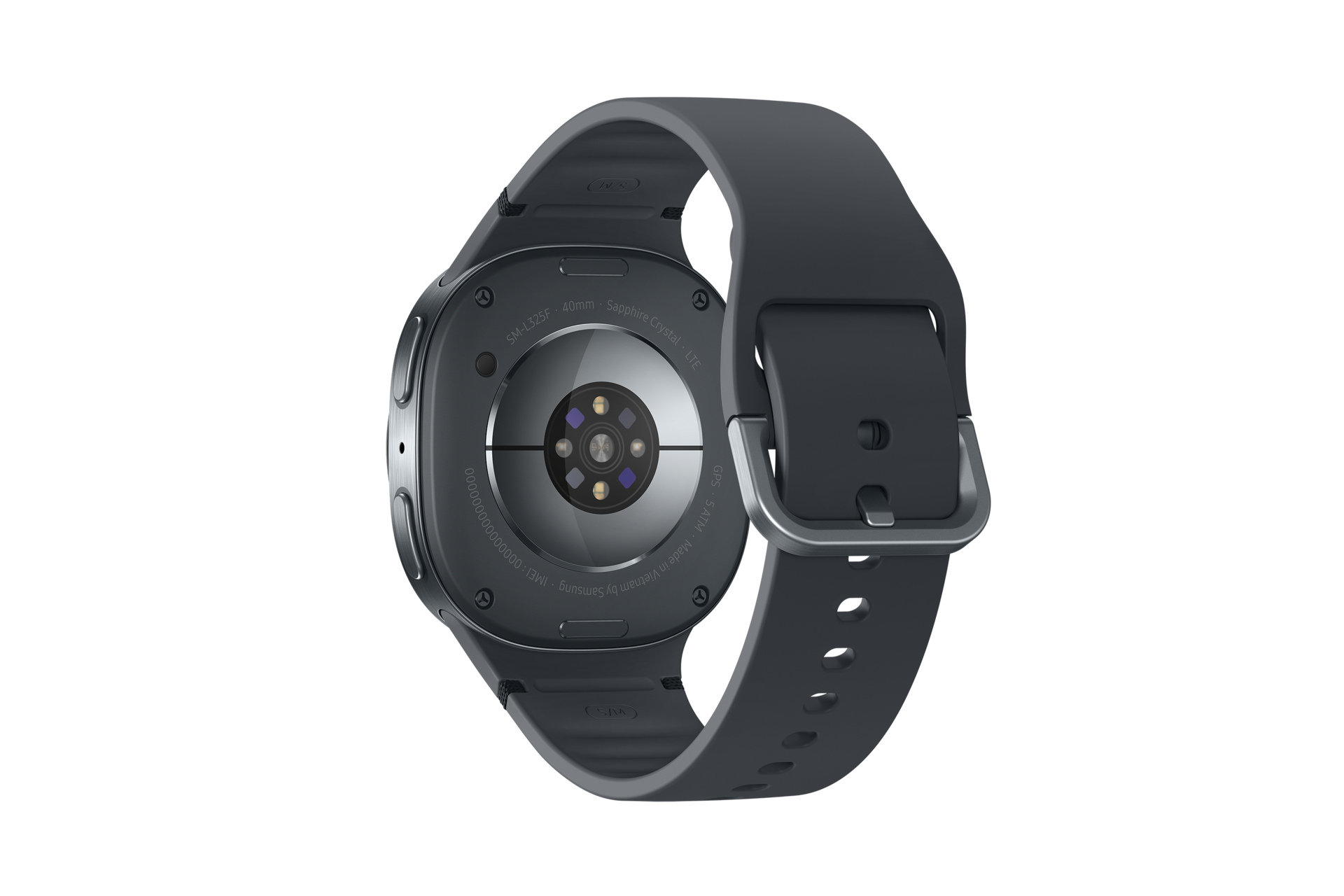 The image showcases the back of a Samsung Galaxy Watch8 with a round face and a dark gray silicone strap. The surface reveals sensors and branding details, including 'SM-L125F' and 'L325fdaaxtc', along with 'Sapphire Crystal'.