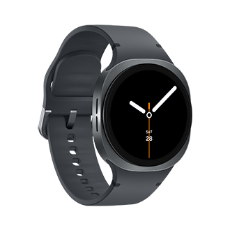 A sleek Samsung Galaxy Watch8 is displayed at a slight angle, showcasing its round face. The watch features a dark background with white hour and minute hands, an eye-catching orange second hand, and the date displayed as SAT 28.
