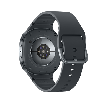 The image showcases the back of a Samsung Galaxy Watch8 with a round face and a dark gray silicone strap. The surface reveals sensors and branding details, including 'SM-L125F' and 'L325fdaaxtc', along with 'Sapphire Crystal'.