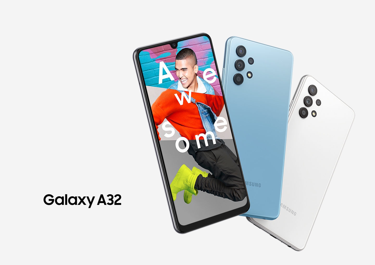 three samsung galaxy a32 in different colors fanned out, black, blue and white. The display shows a young man hopping with the word awesome on the screen.