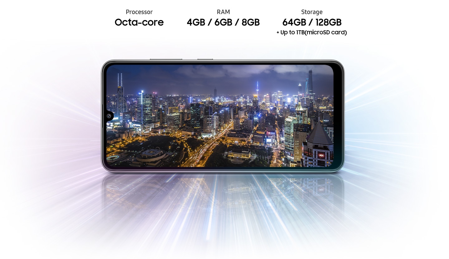 samsung a32 screen shows night view of city, indicating device offers Octa-core processor, 4GB/6GB/8GB of RAM, 64GB/128GB of storage,up to 1TB Micro SD card.
