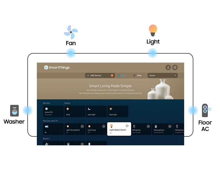 QLED TV shows SmartThings user interface. SmartThings identifies all of the connected devices near the QLED TV. Washer, Fan, Light, and Floor AC graphic icons are placed around the interface to illustrate popular devices for connecting.