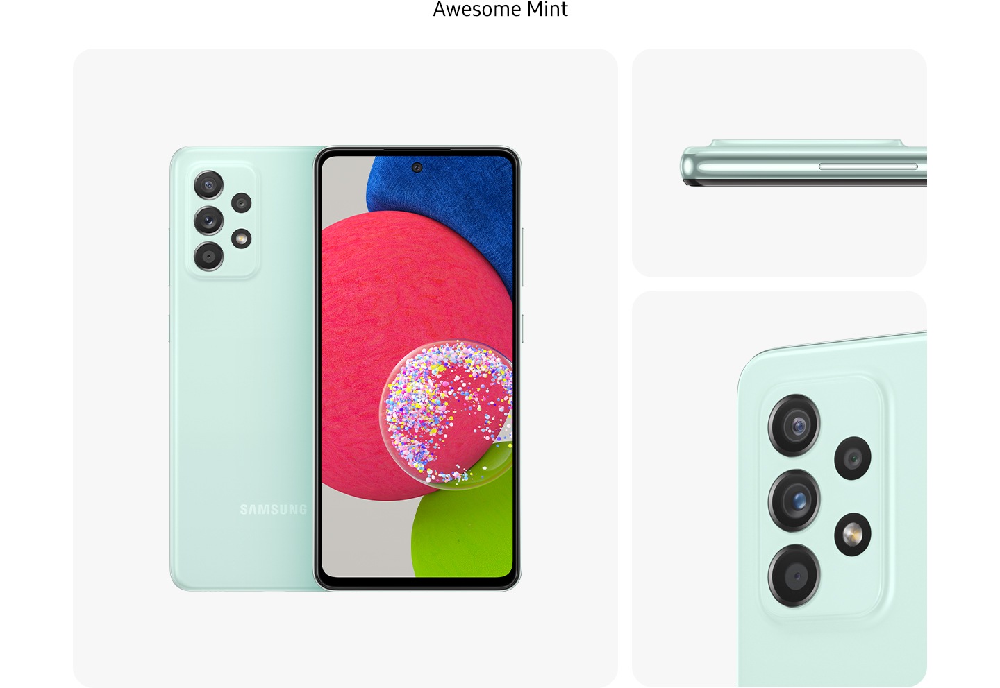 4. Mint Galaxy A52s 5G in Awesome Mint, seen from multiple angles to show the design: rear, front, side and close-up on the rear camera.