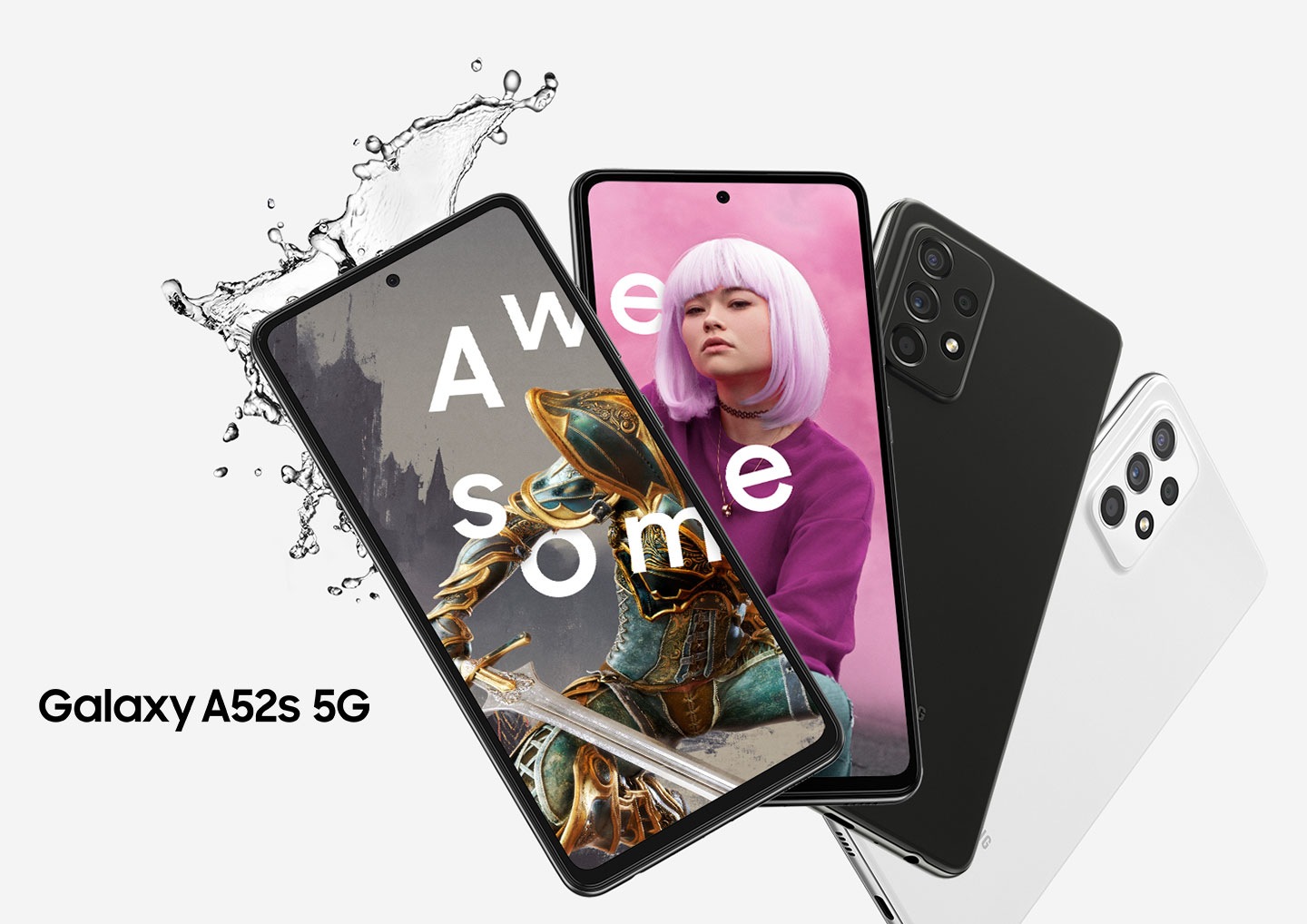 Four galaxy a52s 5g in black and white fanned out with two seen from the front and two seen from the rear. The screen displays a woman in a pink wig.