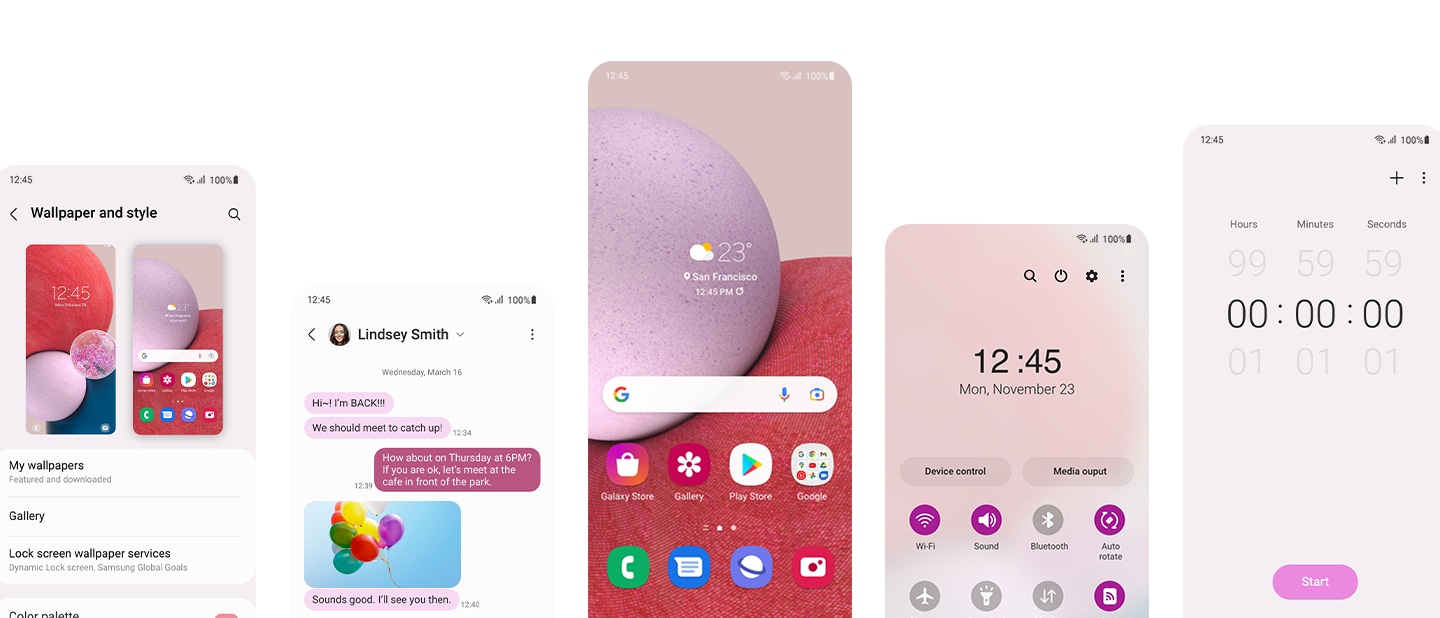 Customize your Samsung Galaxy A13 display and user interface with One UI Core 4. Create a bespoke tool that assists your tasks. Five different Galaxy A13 LTE screens showing a customized set of colors and look using One UI 4