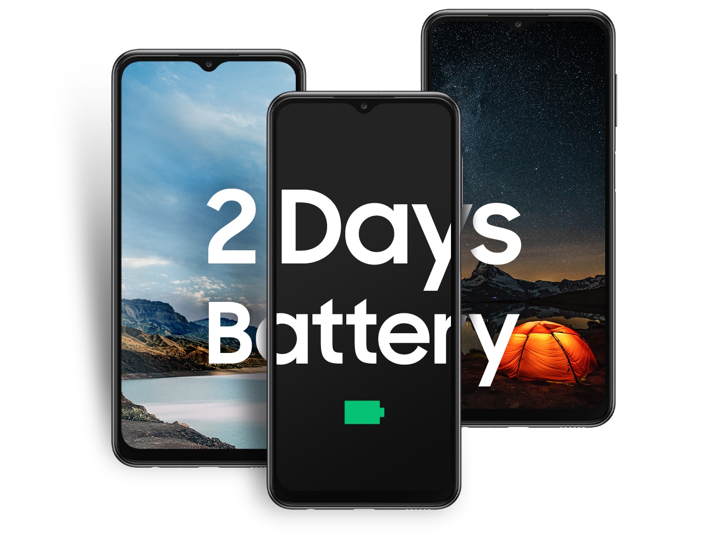 Meet Samsung Galaxy A23 with a 2-days last battery. Stay ahead of the day with a battery that won't slow you down during the day. The Galaxy A23 is placed between two landscape images