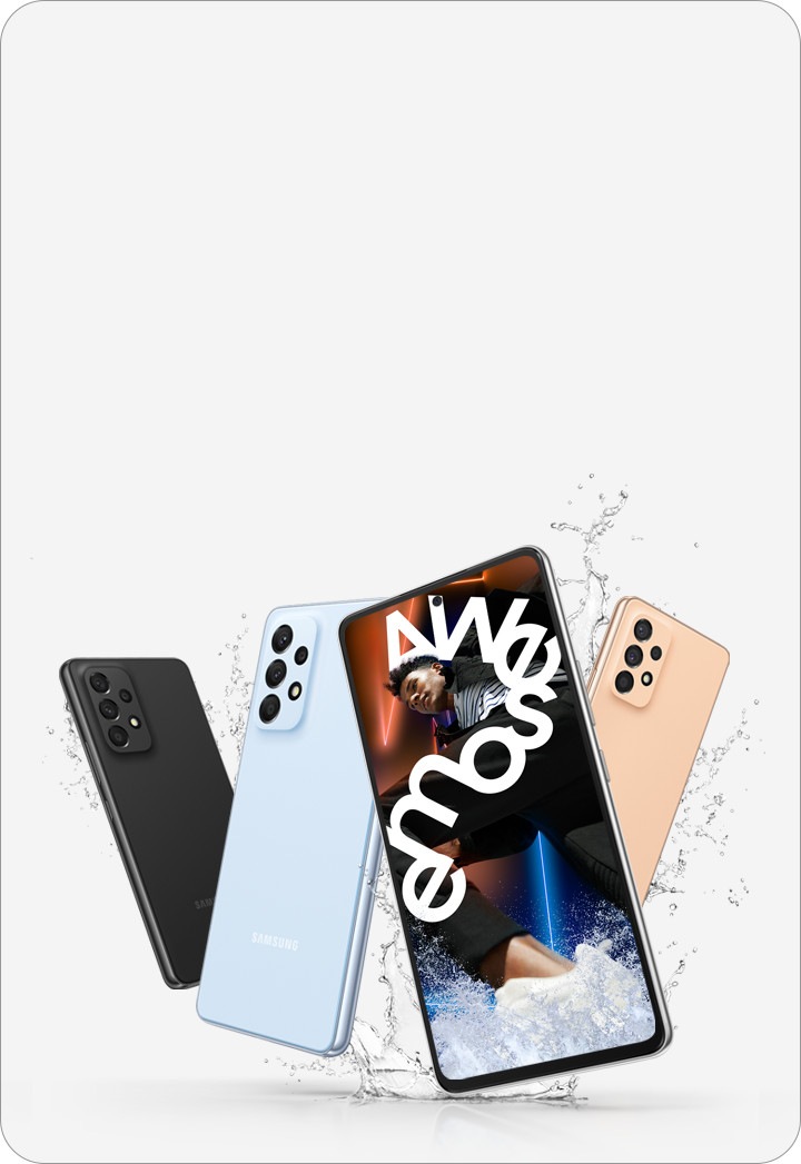 Four Galaxy A53 5G devices are shown with three of them showing the backside to display the Awesome Black, Awesome Blue and Awesome Peach colorways and a single front-facing Galaxy A53 5G shows a vivid picture of a man who is wrapped in white text reading Awesome.