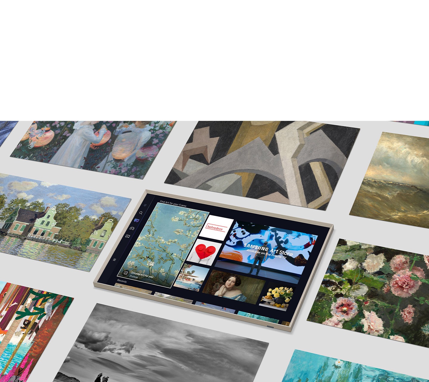 The Frame's Art Store page is displayed on the center. Surrounding it are many artworks that can be found in the Art Store.