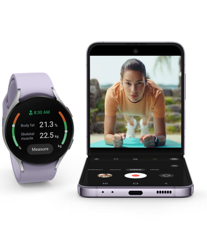 Z Flip4 in FlexCam mode recording a workout video. Next to it is a Galaxy Watch5.