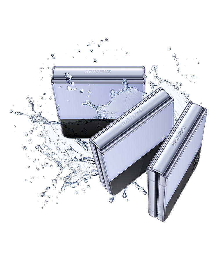 View specs and price of the new Samsung Flip4. Three closed Blue Samsung Galaxy Z Flip 4 phones are seen from the hinge and Front Cover and surrounded by a splash of water.