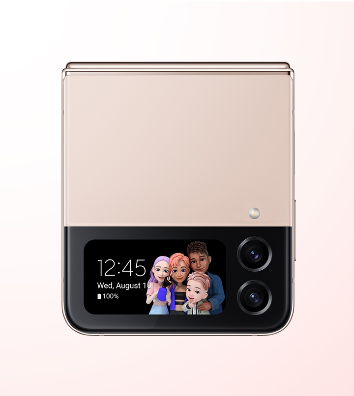 A folded Pink Gold Samsung Galaxy Z Flip4 with a personalised AR emoji set as the watch face on the Cover Screen.
