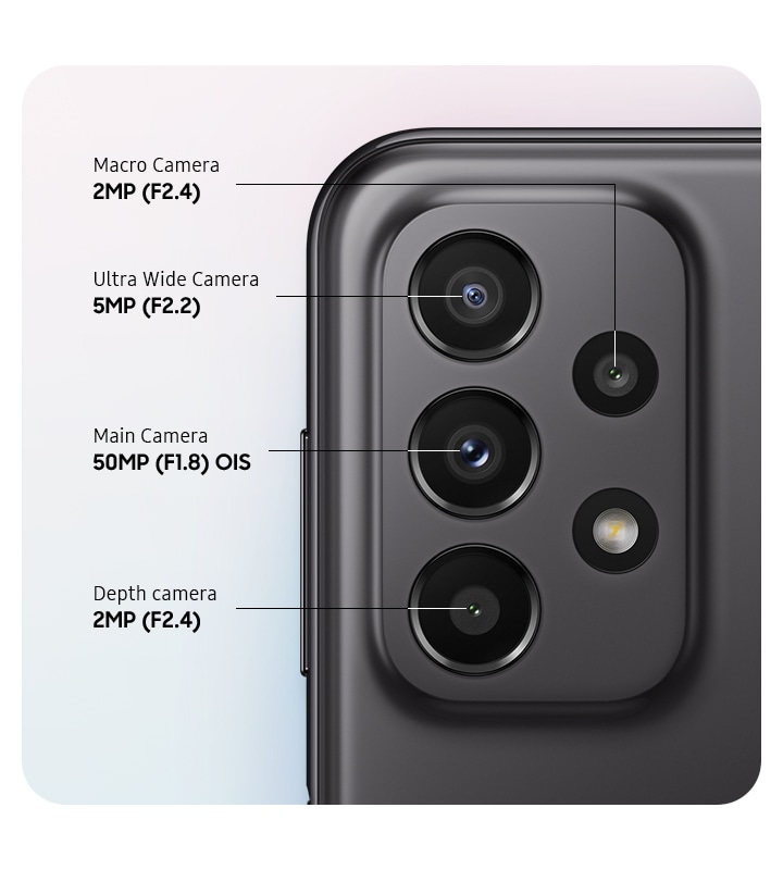A rear close-up of Galaxy A23 advanced Quad Camera, showing F1.8 50MP Main Camera including ois, F2.2 5MP Ultra Wide Camera, F2.4 2MP Depth Camera and F2.4 2MP Macro Camera.