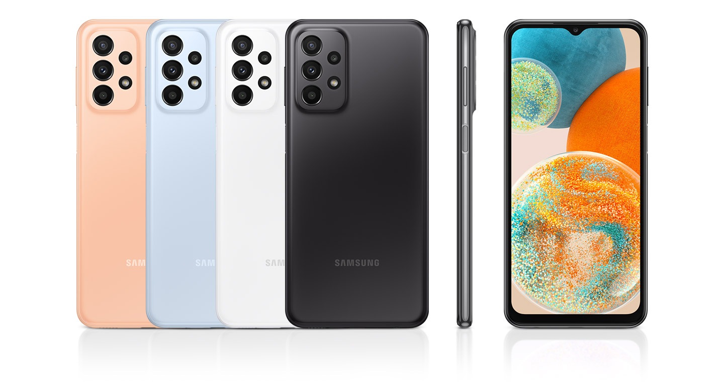Six devices of Samsung Galaxy A23 are displayed to appeal their colors and design. Four reversed ones are in orange, light blue, white and black\ while one is looking at the front and another showing the right side of device.