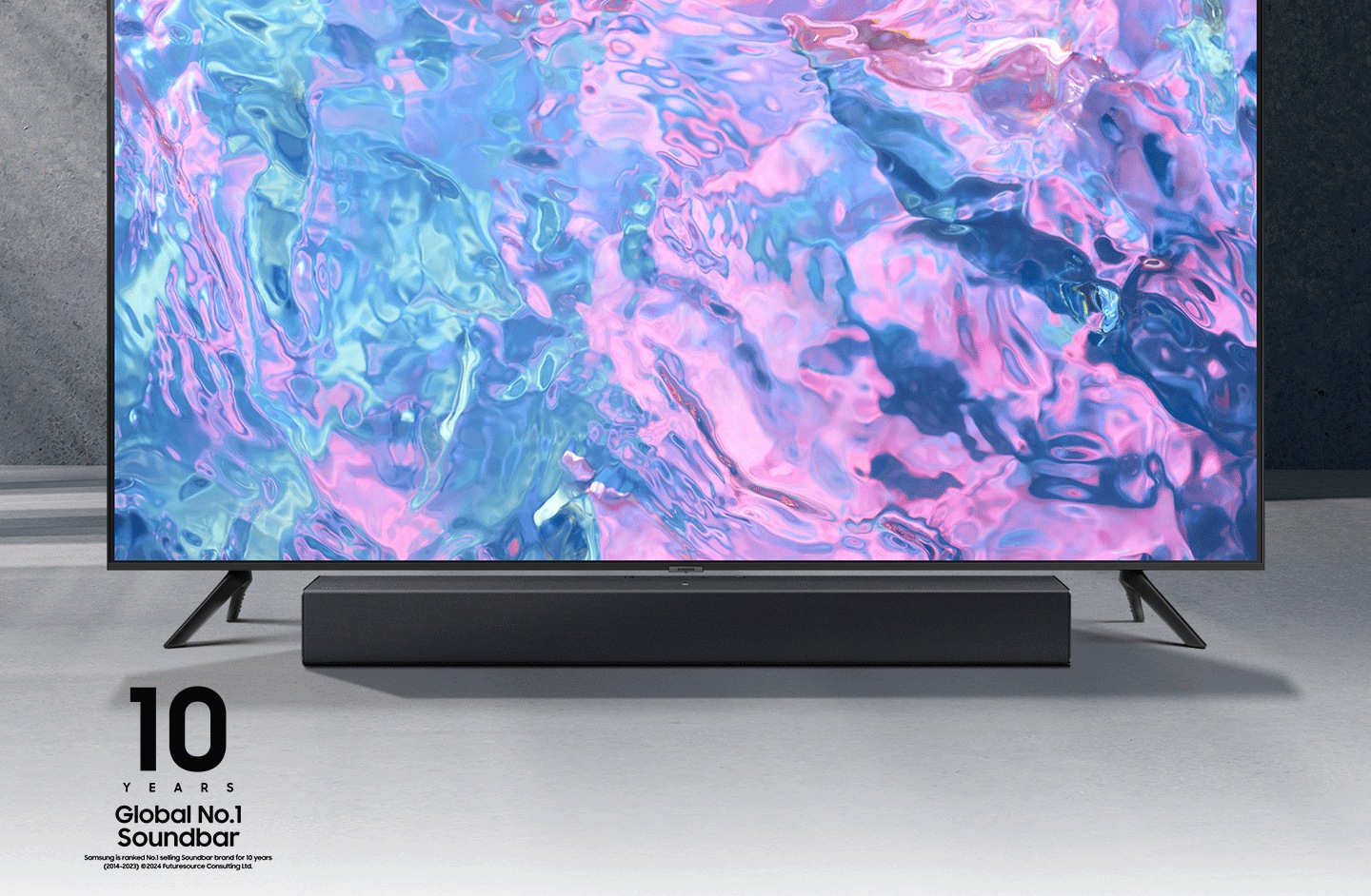 Samsung C series Soundbar is positioned with Samsung Smart TV.