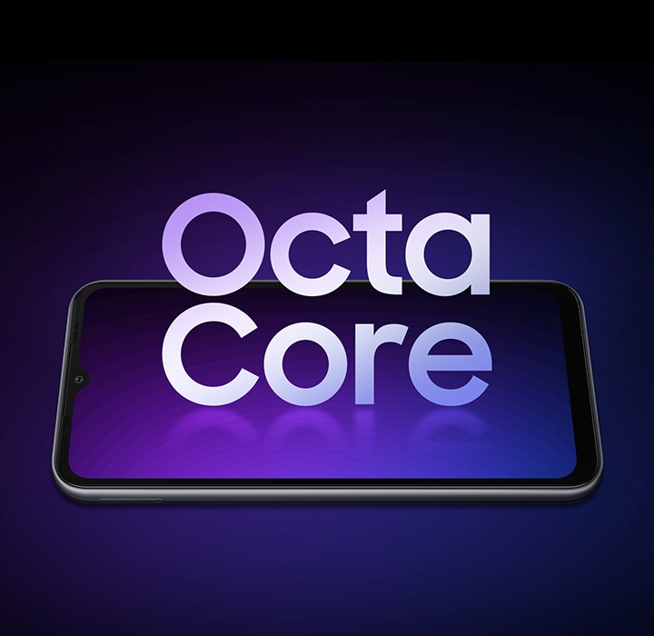 With a Galaxy A14 lying on its back, a large-sized word 'Octa Core' is standing upright on its screen.