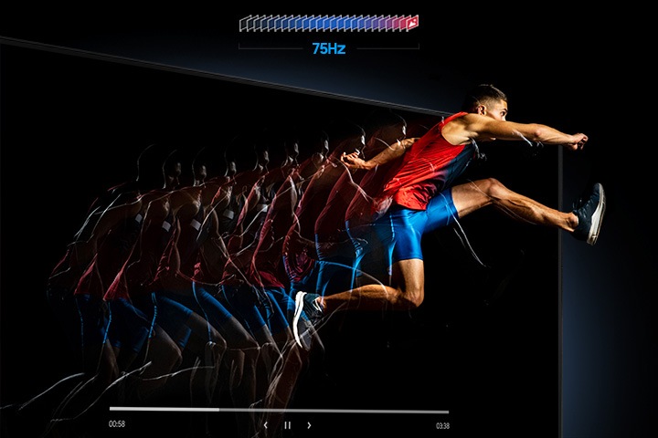 It explains the 75Hz Refresh Rate function that displays 75 screens per second by showing the jumps of the wide jumper on a continuous screen.