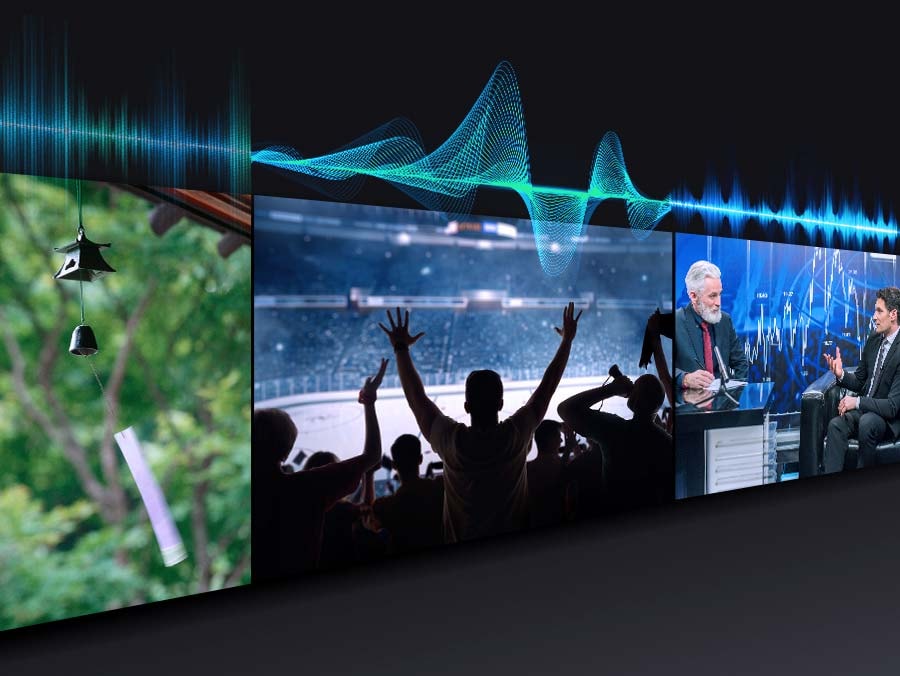 Les ondes sonores peuvent être vues au-dessus des images télévisées. Le son est optimisé en fonction de chaque contenu.