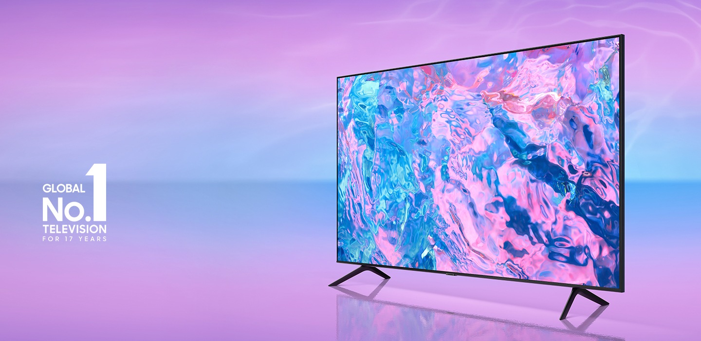 A Crystal UHD TV is displaying a very colorful graphic on its screen.